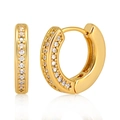 Detail view of gold hoops with double-row micro-pave cubic zirconia stones on white base - Gold Double-Row Zircon Huggie