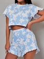 Ensemble pyjama tie-dye bleu clair pour femme avec crop top et short à volants - S / Bleu Ciel