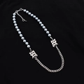 Baroque pearl and silver chain necklace with gothic B letter hardware on black background - 01-B9# Dark Faux Pearl Necklace Silver
