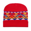 Red knit beanie with colorful folk pattern and thick turnover cuff for winter - Red Ethnic Jacquard Style (U)