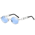 Steampunk round sunglasses with sky blue lenses and silver industrial hollow chain temples - Silver Frame Blue Lens