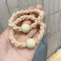Set of two beige braided elastic hair ties with matte round beads for ponytail styling - Braided Bead / Beige Round Bead