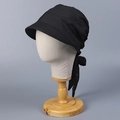 Solid black cotton sun hat bandana with visor and adjustable bow ribbon tie - M(56-58cm) / Black