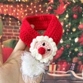 Detail of hand-knit Christmas pet collar scarf with white tassels and pompom decorations - S / Red Santa Claus Scarf