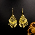 Detailed view of bohemian gold hollow mesh earrings with leaf tassel charms on black texture - E5765-16 Layered Plant Flower Leaf Dangle