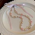 Baroque pearl necklace with pink satin ribbon bow and frosted beads on porcelain - Pink Ribbon Bowknot Style (31#)