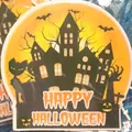 Halloween party cake topper featuring a gothic castle and pumpkin with Happy Halloween text - Large Cake Topper