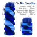 Collapsible silicone water bottle in sea blue camo with metal carabiner and round lid - Round Cap/Sea Blue Camo