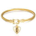 18K gold-plated stainless steel horseshoe bangle with heart pendant featuring letter I - Letter I