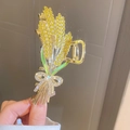Pince à cheveux dorée ornée d'épis de blé en cristaux jaunes et feuilles vertes - Pince à cheveux épi de blé émail strass