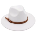 Detail of white wide brim wool fedora hat with a brown leather belt buckle strap - White (Brown Belt)