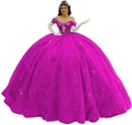 Magenta galajurk met blote schouders, bloemenborduursels en fonkelende tule rok - XS / Magenta met sleep