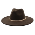Top-down view of dark brown wool fedora with champagne gold leather belt and metal buckle - M (56-58cm) / Brown