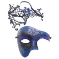 Set maschere veneziane per coppia in metallo nero traforato e glitter blu per carnevale - Set (Nero Blu Traforato + Glitter Sfumato Blu Nero Mezza Faccia)