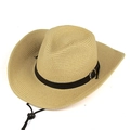 Beige wide brim western straw cowboy hat with black leather band and adjustable chin strap - 58cm One Size / Beige