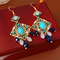 Detail of vintage bohemian tassel earrings with turquoise and opal effect beads - Rhombus Resin Tassel Rhinestone (37#)