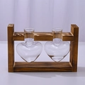Hydroponic glass heart vases set with a dark brown wooden stand for home decor - Wood Stand + 2 Heart Glass Vases