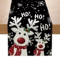 Christmas table runner with cartoon reindeer and snowflakes on black woven fabric - Black Reindeer Pattern