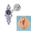 Detailed macro view of silver labret stud with purple gem and opal for ear piercing - 1 Lotus Purple+1 OP38