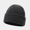 Close-up of thick ribbed knit texture on a dark charcoal winter beanie with rolled cuff - One Size / Heather Grey