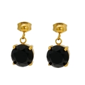Close-up of golden stainless steel stud earrings with round black zircon in claw setting - Round-Black