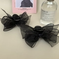 Elegante pinza para el pelo con lazo de malla negra y tela en capas de estilo japonés - Negro