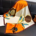 Artistic square silk scarf with floral paisley prints in vibrant orange and brown - 105 Square Scarves / 65