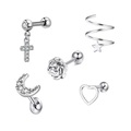 5-piece silver stainless steel stud set with zircon cross, moon, star, and heart shapes - Set 16 (Silver/Cross/Moon Heart Star Rose)