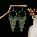 Bohemian bronze leaf tassel earrings with vintage turquoise finish and antique metal design - Stacked Leaf Shape Tassel Style (E3157)