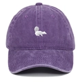 Close-up of squirrel embroidery on washed cotton fabric of the purple baseball cap - Purple