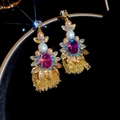 Macro detail of luxury heart earrings with purple gems and golden metal tassels - Style 30# Gold Purple (Silver Pin)