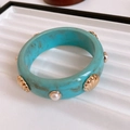 Detail of vintage turquoise marble resin bangle with gold shell and pearl studs - Light Blue Ocean Style Shell & Artificial Pearl (No. 28 Bangle - Light Blue)