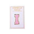 Detail of pink chenille letter I patch with gold sequins and self-adhesive backing - Letter I