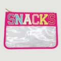 Pink waterproof transparent PVC cosmetic bag with SNACKS chenille letter patches - Rose Red