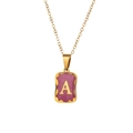 Gouden titanium stalen ketting met paarse glitter vierkante hanger en de letter A - Letter A