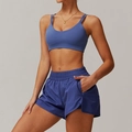 Blue yoga set featuring a cross-back sports bra and high-waisted shorts with side pockets - Glazed Purple (Bra + Loose Shorts)