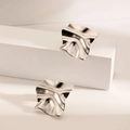 Minimalist silver pleated titanium steel square earrings with irregular wavy texture - Wrinkled Quadrilateral / Steel