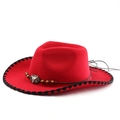 Detail of red cowboy hat featuring shell-stitch edges and silver bull skull ornament - M(56-58cm) / Red/Black Edge