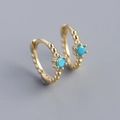 Gold-plated S925 sterling silver huggie earrings with round turquoise and beaded edge - Gold (Turquoise)