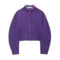 Purple oversized knit cardigan with contrast white stitching and high collar details - S / Purple