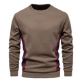 Detail of men's crewneck sweatshirt featuring color block stitching on brown fabric - S / Khaki
