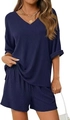 Detail von marineblauem V-Ausschnitt Set aus Rippstrick mit Oberteil und Shorts - S / Oberteil und Unterteil / Marineblau