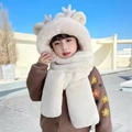 Ensemble bonnet écharpe peluche blanc crème avec oreilles dragon pour l'hiver - Enfant / Ensemble 3 pièces amélioré / Mousse à la crème