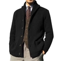 Detail of men's black knit cardigan featuring wide lapels and single-breasted button design - M / Tops / Black