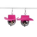 Pink cowboy hat disco ball earrings with reflective mirror finish in Y2K style - Silver/Pink