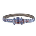 Detailaufnahme der blauen Totenkopf-Gürtelschnalle mit Strass und Schlangenleder-Textur - Violettblau