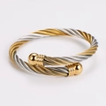 Detail of twisted cable bangle featuring interlocking gold and silver stainless steel wires - Steel Gold