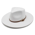 Close-up of white wool fedora with brown leather band and matte gold metal buckle detail - M (56-58cm) / White
