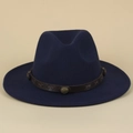Detail of navy felt fedora featuring a brown leather band with ornate metal buckle and X-stitches - M (56-58cm) / Navy Blue