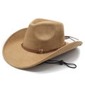 Classic camel faux suede western cowboy hat with decorative leather band and chin strap - Camel